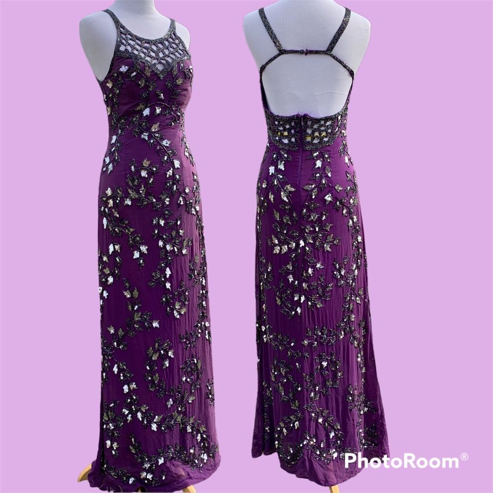 Vintage Fully Beaded 100% Silk Backless Floor Length Formal Maxi Prom Dress SzSm
